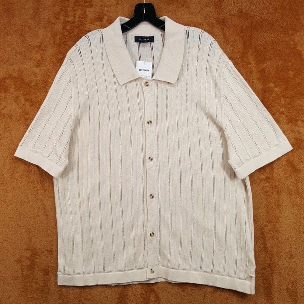 Cotton On Button Shirt Mens Large Cream Tan Ladder Cotton Knit Pablo